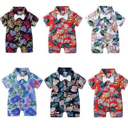 Full view of a baby boy's summer outfit: a fashionable leaf print romper with a charming bow tie.