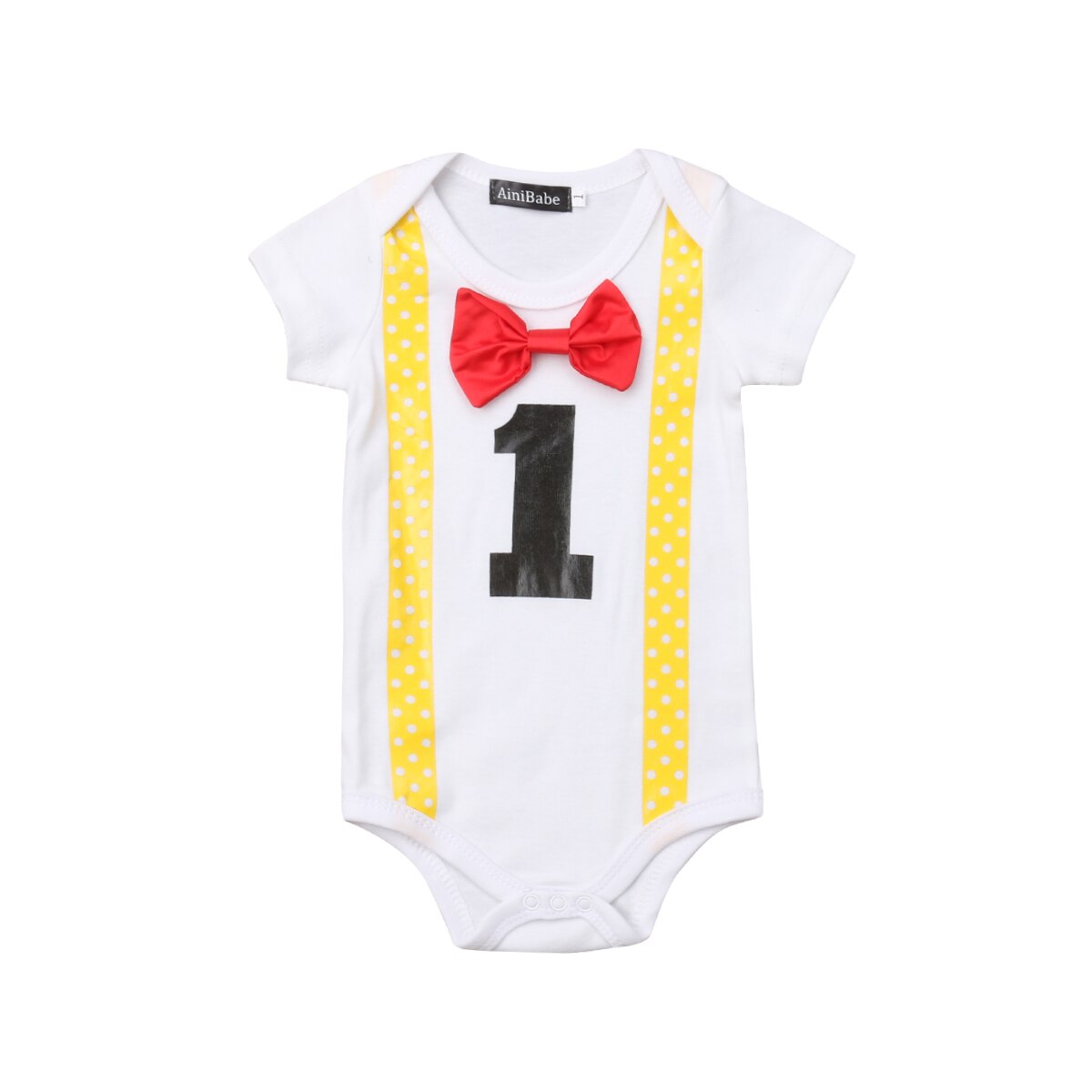 Comfy baby boy clothing: light blue first birthday romper with integrated bow tie and suspenders.