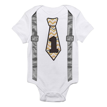 Adorable baby shower gift: baby boy's 1st birthday bow tie romper, ideal for photo shoots.
