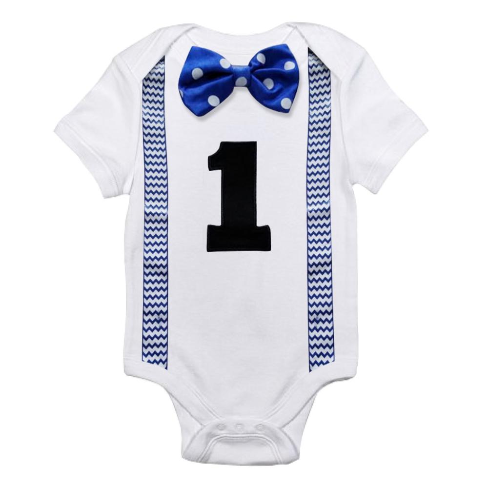Baby boy's blue cotton romper with attached bow tie and suspenders, size 12 months, for his first birthday.