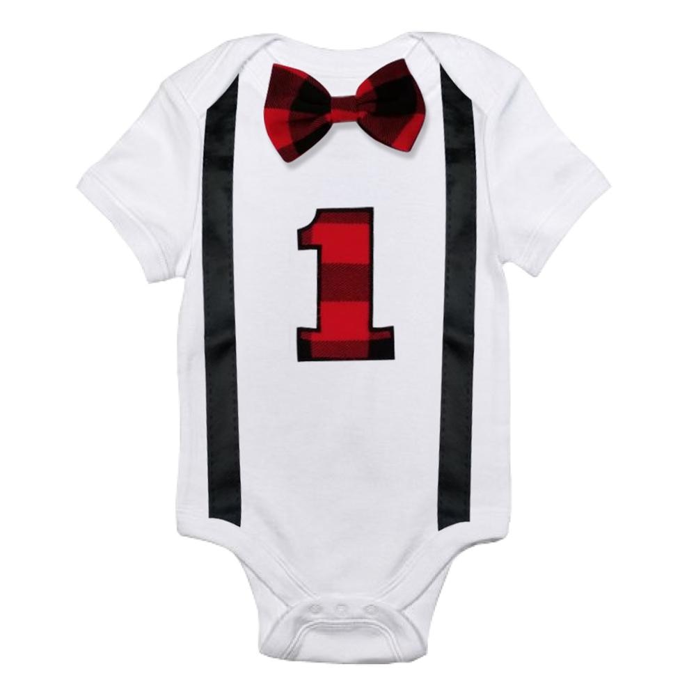 Stylish baby boy's first birthday outfit: bow tie romper with built-in suspenders, soft and comfy.