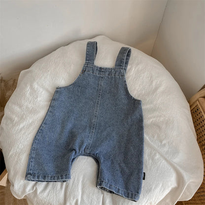 Front view of baby boy's loose fit suspender trousers, suitable for all seasons