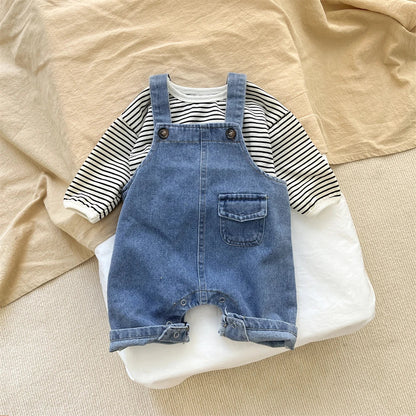 Full shot of baby boy's suspender trousers, showcasing the comfortable loose fit