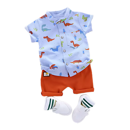 Baby boy's blue and white dinosaur print summer outfit set with short sleeve top and shorts, perfect for playwear.