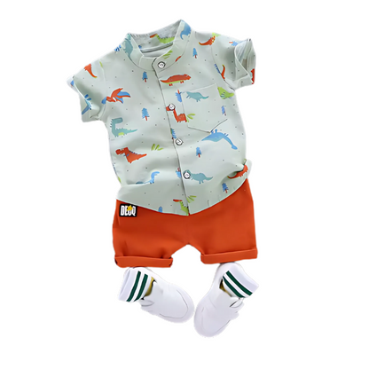 Infant apparel: cotton short sleeve t-shirt with colorful dinosaur print and matching blue shorts for toddlers.