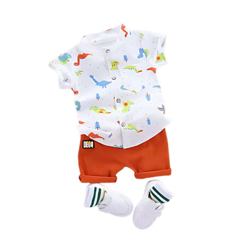 Dinosaur set for babies featuring a comfy cotton t-shirt with various dinos and coordinating pull-on summer shorts.