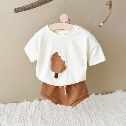 Baby boy's blue and white striped summer playtime set with short-sleeved top and elastic shorts, cotton blend.