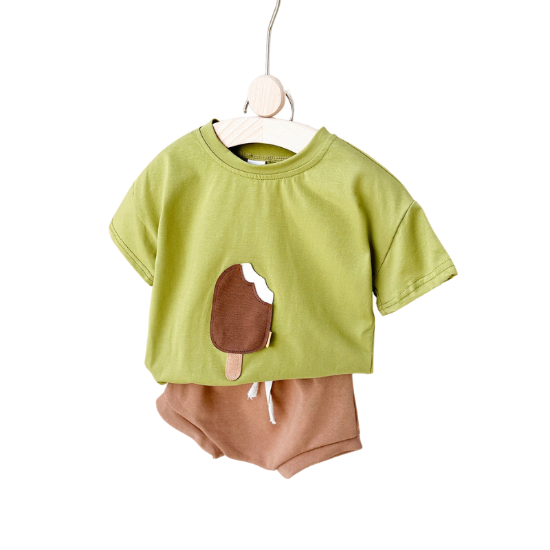Baby boy's trendy summer casual wear, a blue and white striped top paired with comfortable playtime shorts.