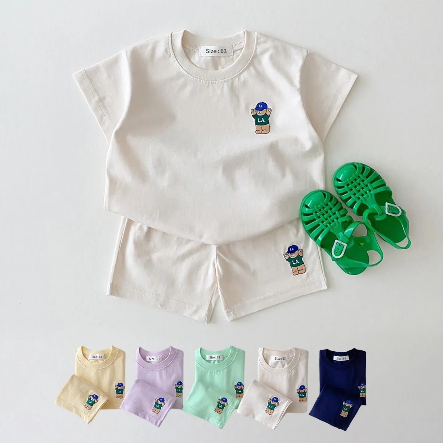Baby boy's blue and white striped t-shirt with bear embroidery and matching shorts, cotton blend summer set
