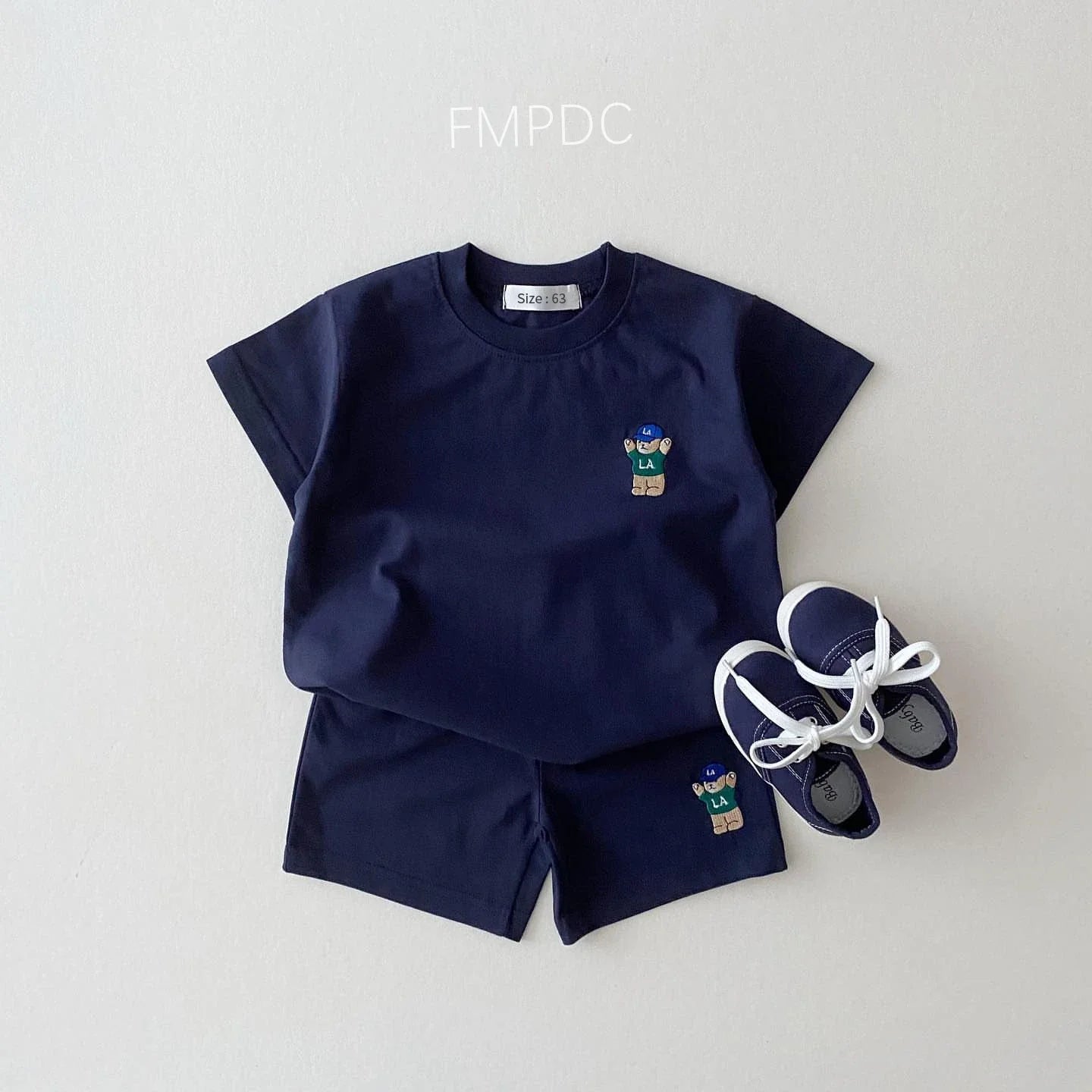 Korean style baby boy's casual playset: bear embroidered top and plain shorts for active toddlers