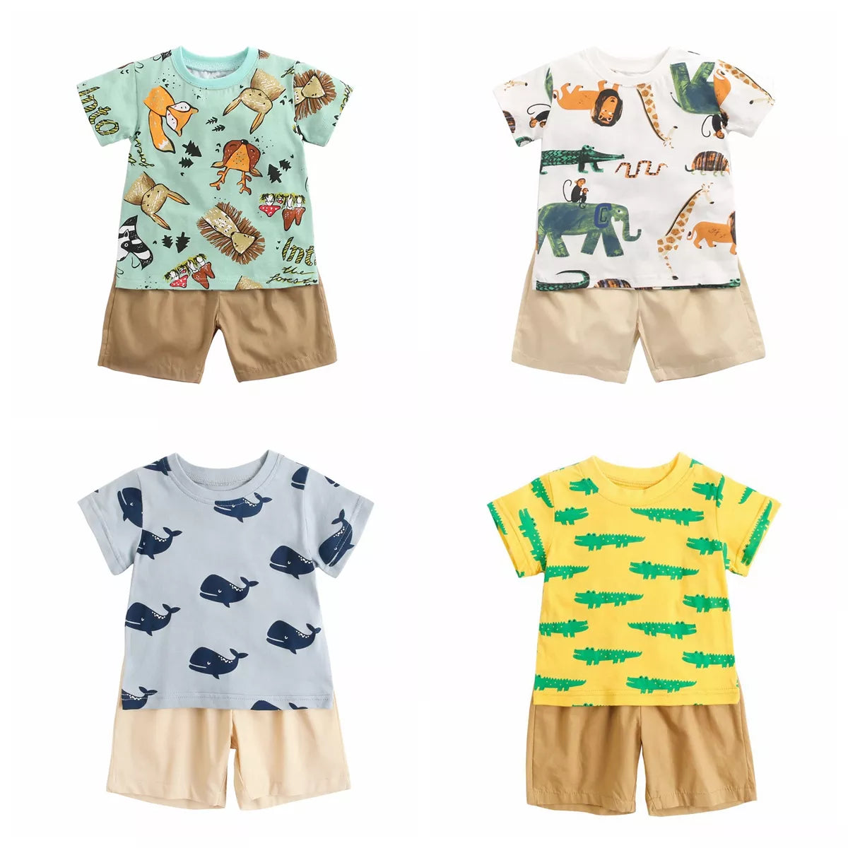 Baby boy's blue cartoon cotton short sleeve top and shorts set for summer playtime.
