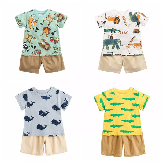 Baby boy's blue cartoon cotton short sleeve top and shorts set for summer playtime.