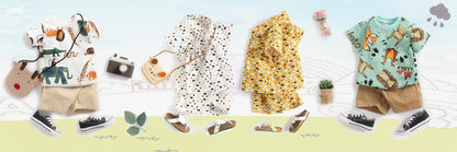 Adorable baby boy's cartoon printed cotton short sleeve top and elastic waist shorts set.