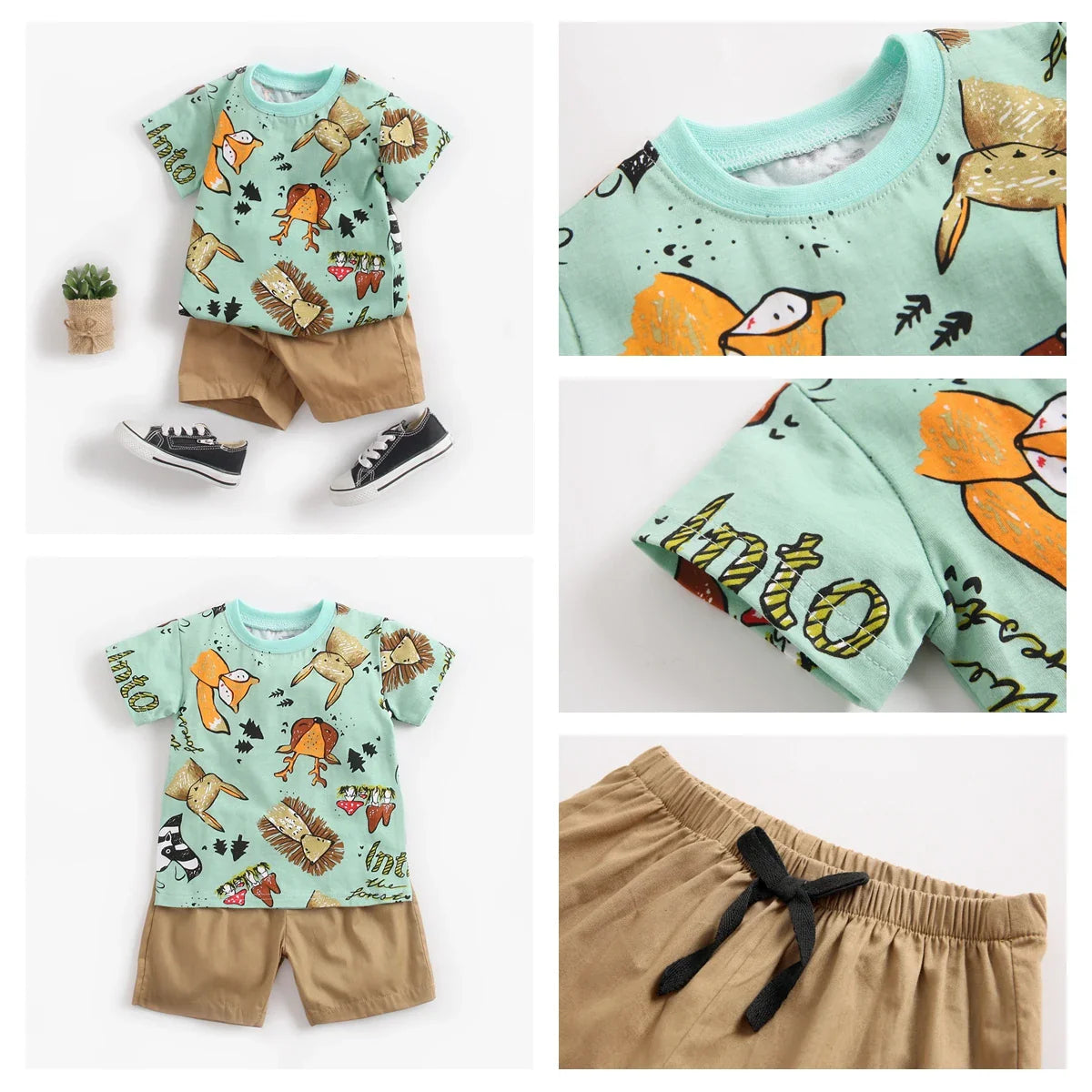 Baby boy's breathable cotton short sleeve tee and shorts, featuring a cute cartoon motif.