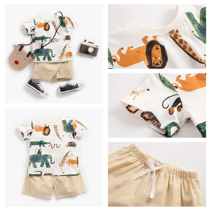 Soft cotton short sleeve top and pull-on shorts with cute cartoon patterns for baby boys.
