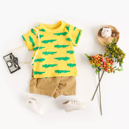 Baby boy's comfortable two-piece cotton cartoon set, perfect for active toddlers.