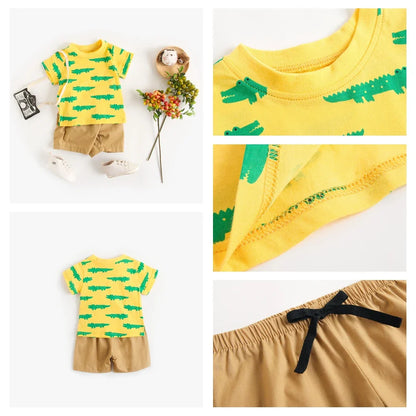 Fashionable summer baby boys' cartoon short sleeve top and cotton shorts set.
