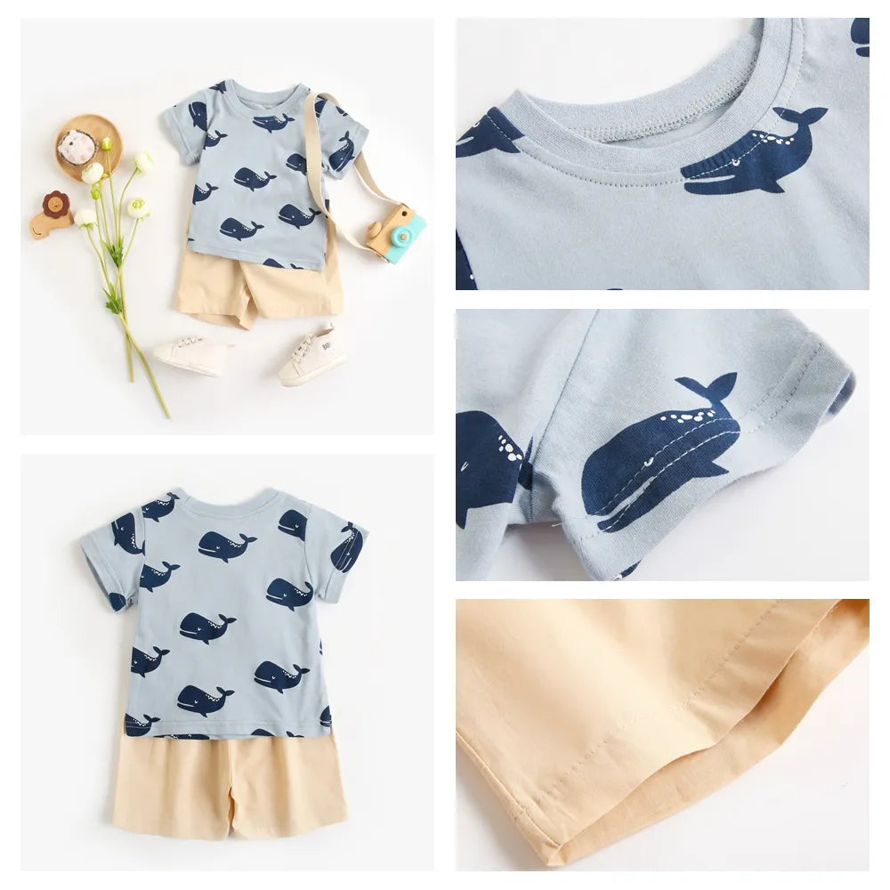 Casual baby boy's cotton short sleeve top and shorts with engaging cartoon graphics.
