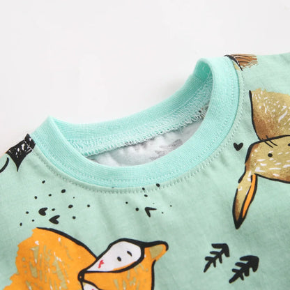 Baby boy's colorful cartoon cotton short sleeve top and shorts, great for outdoor play.