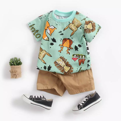 Cute cartoon animal print baby boy's cotton outfit, perfect for warm weather.
