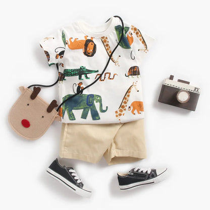 Toddler boy fashion: short sleeve cotton top and shorts set featuring fun cartoon characters.