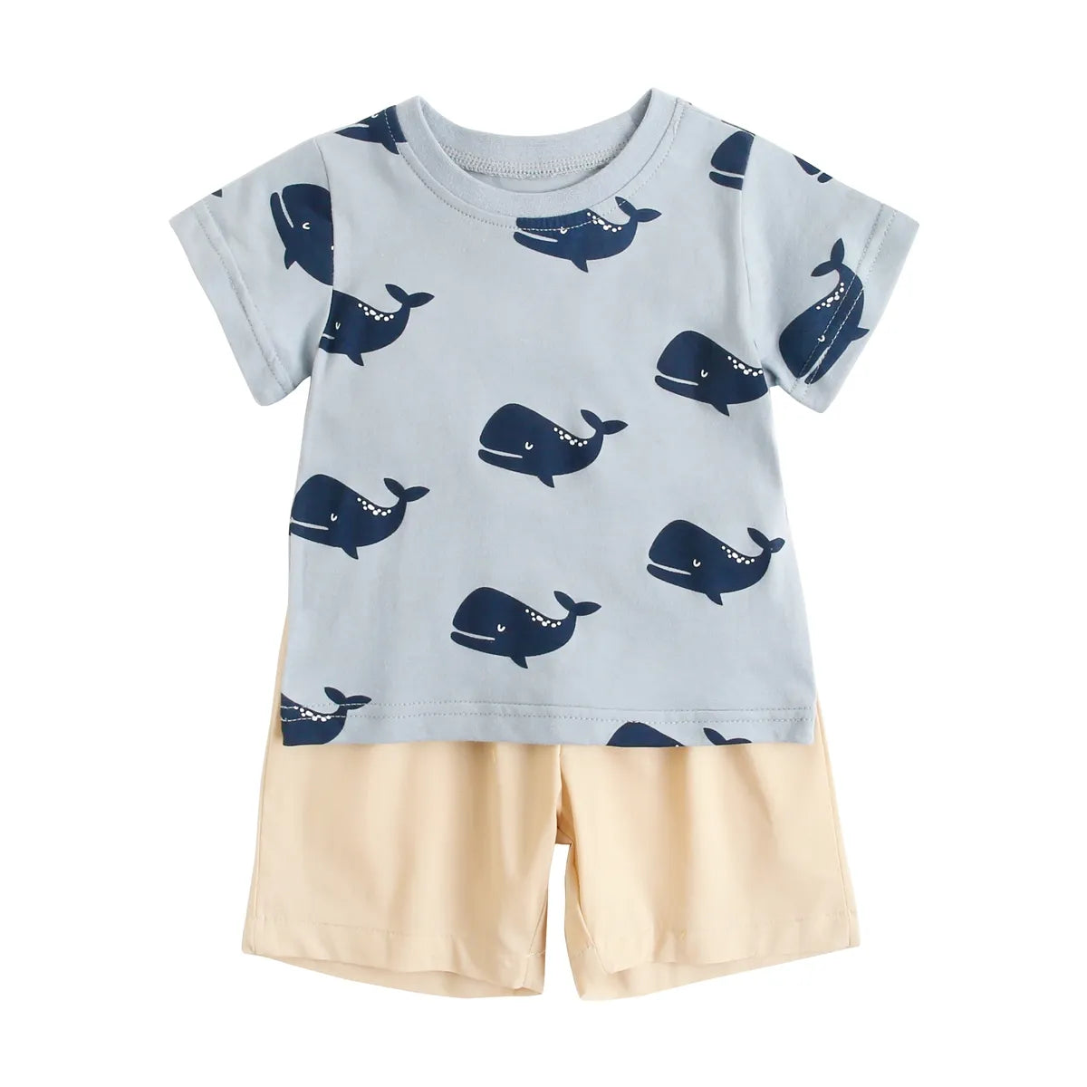 Lightweight cotton short sleeve top and shorts set with playful cartoon design for baby boys.