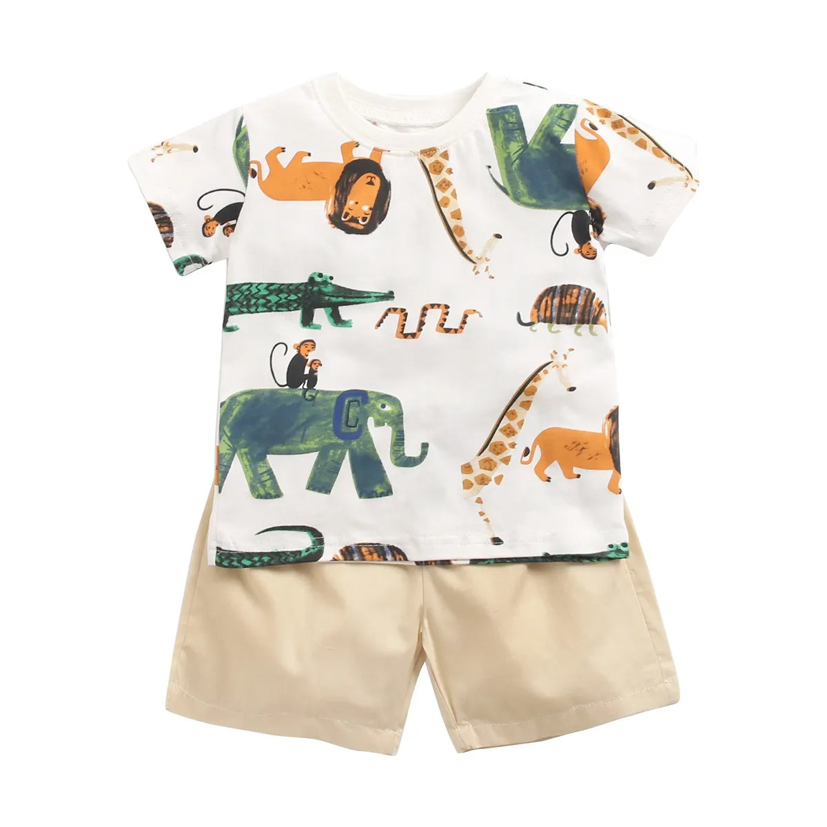 Summer baby clothes: short sleeve cartoon top and shorts for a fashionable baby boy.