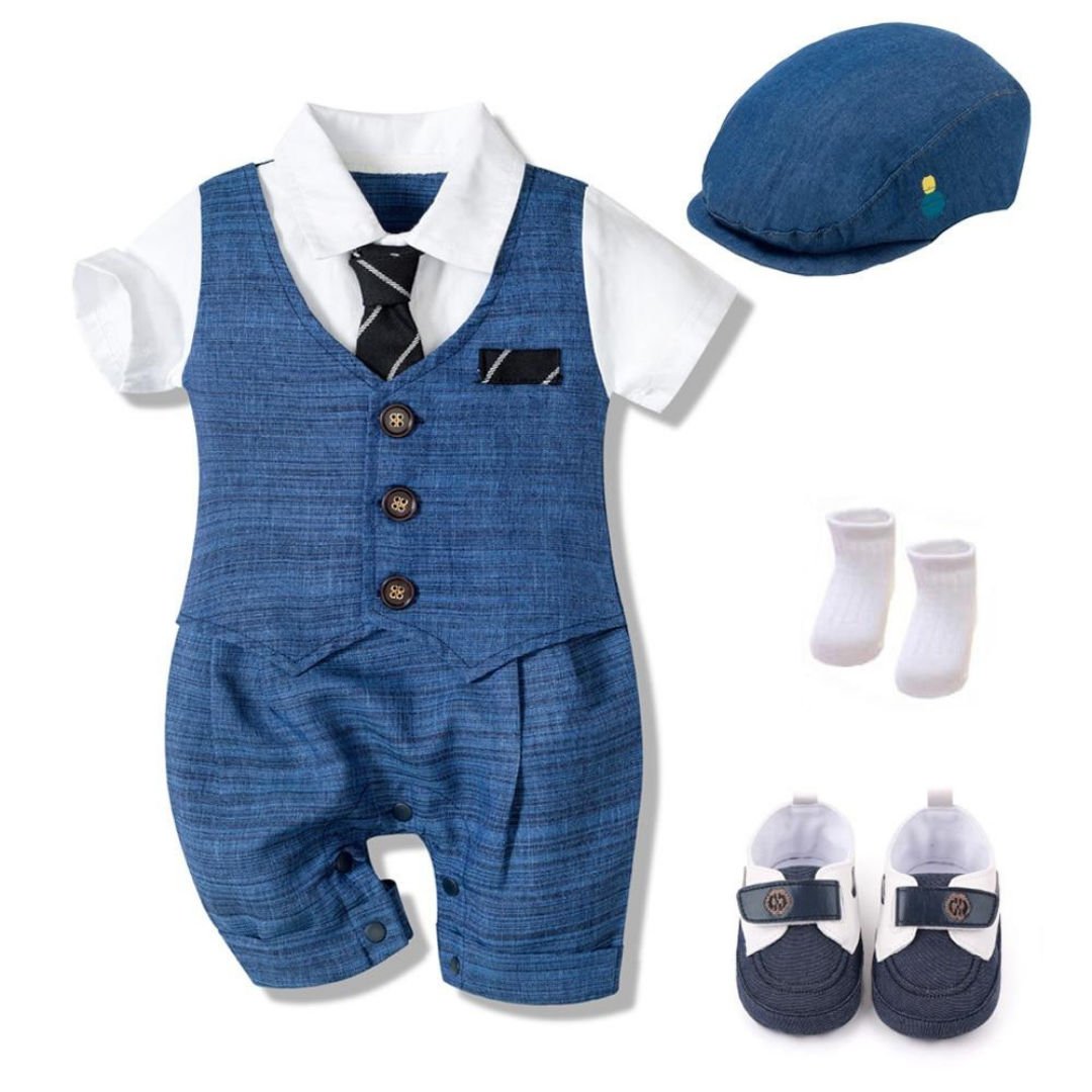 Baby boy's blue jumpsuit vest formal suit set made of cotton, perfect for special occasions.