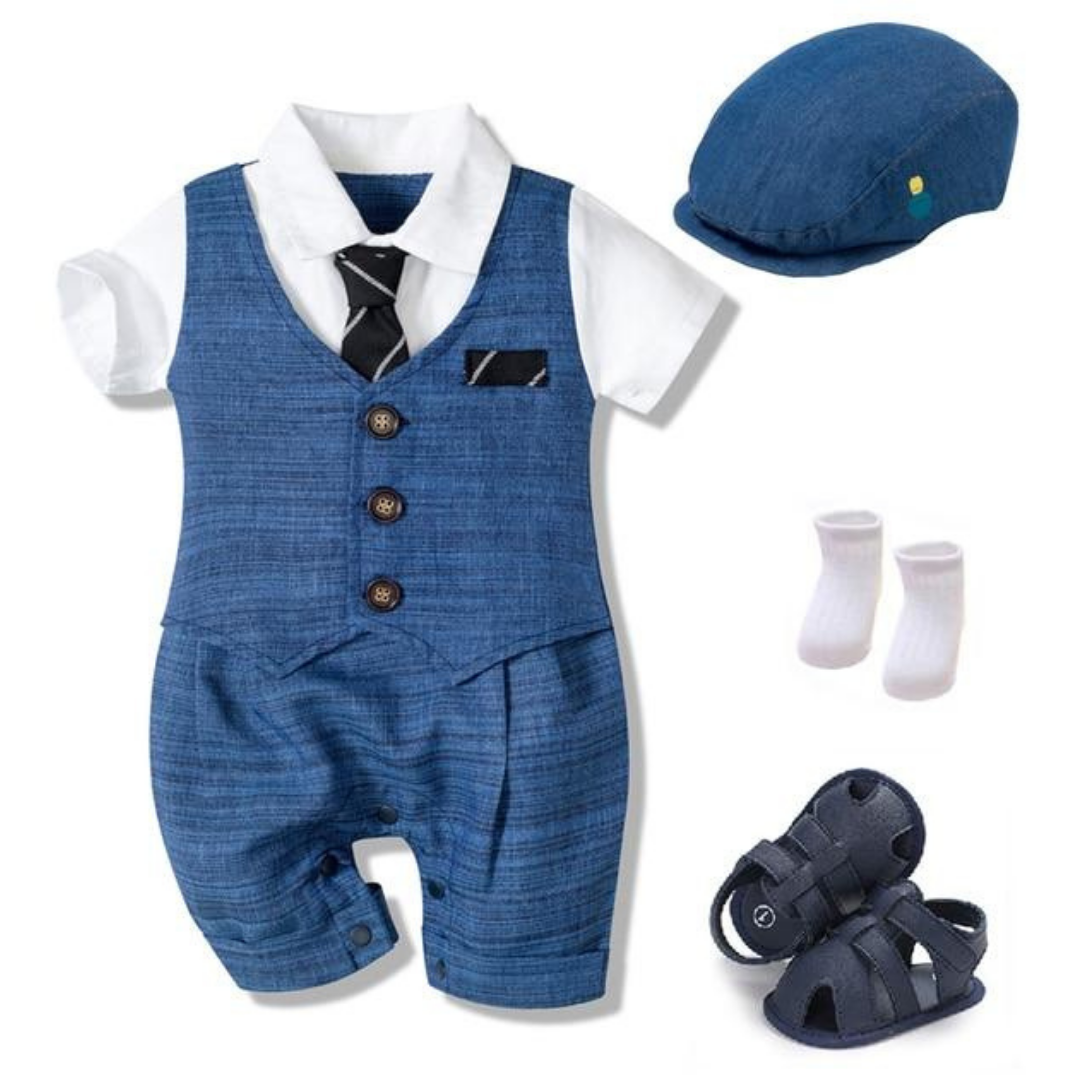 Infant boy's blue gentleman suit with vest, a stylish cotton jumpsuit for formal baby wear.