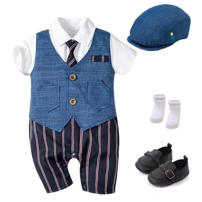 Blue baby boy jumpsuit and vest set, ideal for special occasions, part of baby boy fashion.