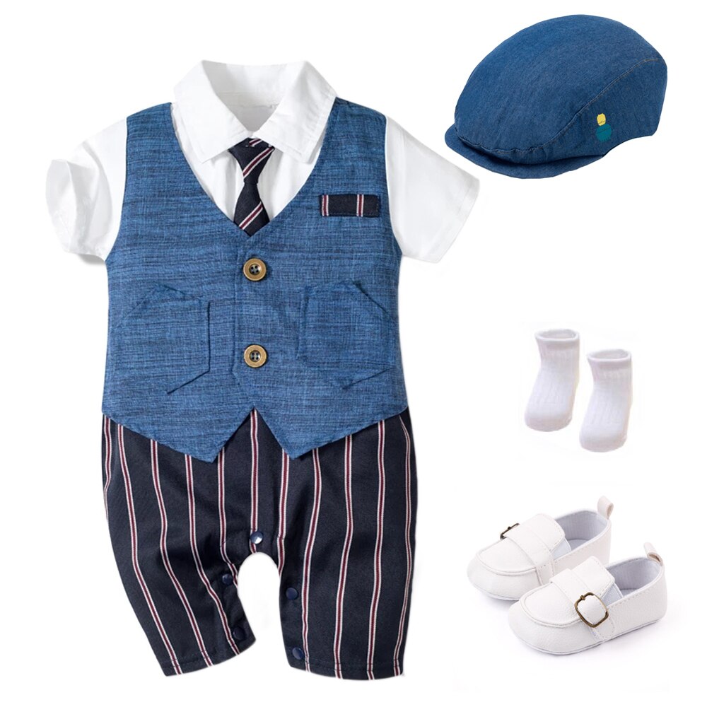 Cotton blue jumpsuit with matching vest for baby boys, a charming infant formal suit set.