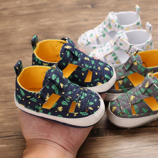 Baby boy's first walker sandals, soft sole, blue canvas with cute animal print, snap closure