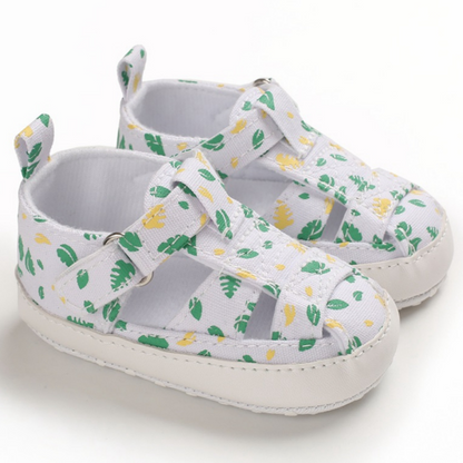 First walker baby boy sandals, patterned blue canvas, featuring a convenient snap closure