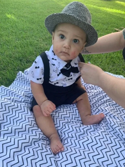 Infant special occasion outfit: gentleman set with smart bow tie bodysuit & comfy suspender pants