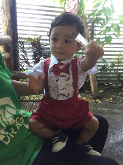 Adorable baby boy gentleman set, including a crisp bow tie bodysuit and coordinating suspender pants