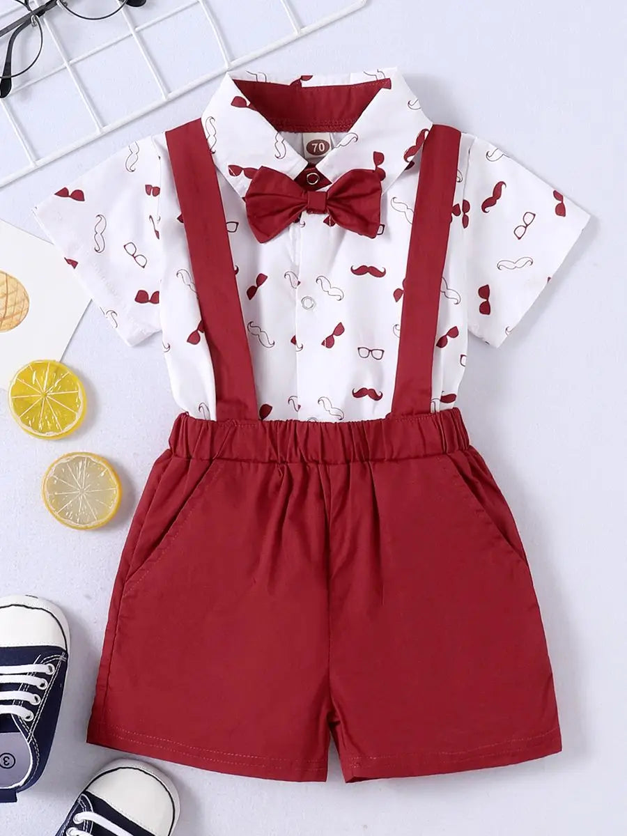 Baby boy's classic gentleman set, consisting of a bow tie bodysuit and stylish suspender trousers