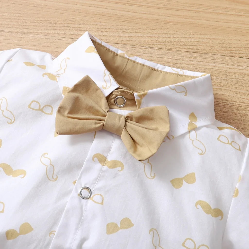 Cotton blend baby boy outfit, a gentleman bow tie bodysuit and adjustable suspender pants