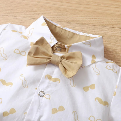 Cotton blend baby boy outfit, a gentleman bow tie bodysuit and adjustable suspender pants