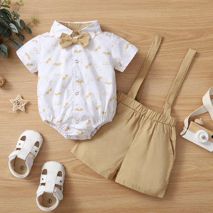 Toddler boy formalwear: complete gentleman set with bow tie bodysuit and matching suspender pants