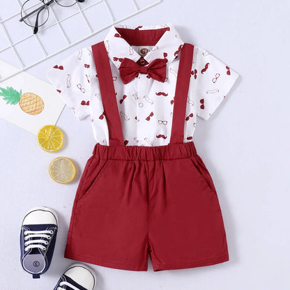 Cute baby boy outfit, navy blue bow tie bodysuit and plaid suspender pants for special occasions