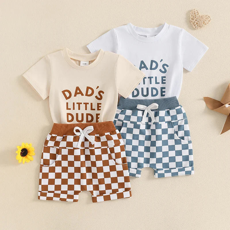 Baby boy's letter print t-shirt & checkerboard shorts set, perfect infant summer outfit.