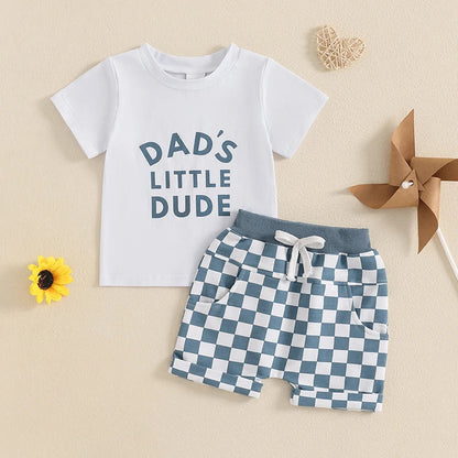Cute baby boy cotton blend t-shirt and checkerboard shorts for comfortable toddler summer wear.