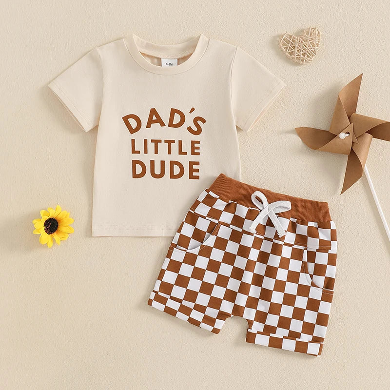 Summer baby boy clothing set, including a soft letter print t-shirt and trendy checkerboard shorts.
