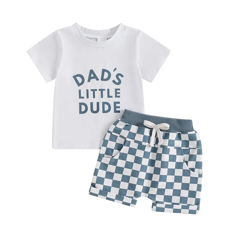 Infant boy's warm weather outfit: short sleeve letter print t-shirt and elastic waist checkerboard shorts.