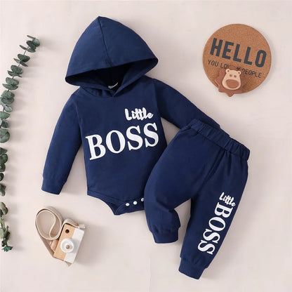 Durable and soft baby boy's hoodie jumpsuit and pants set, a practical kidswear option.