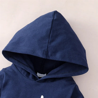 Stylish baby boy's grey hoodie jumpsuit and black pants set for spring autumn fashion.