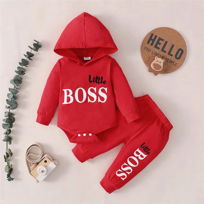 Toddler boy's comfortable two-piece set: hooded jumpsuit and pull-up pants, kidswear.