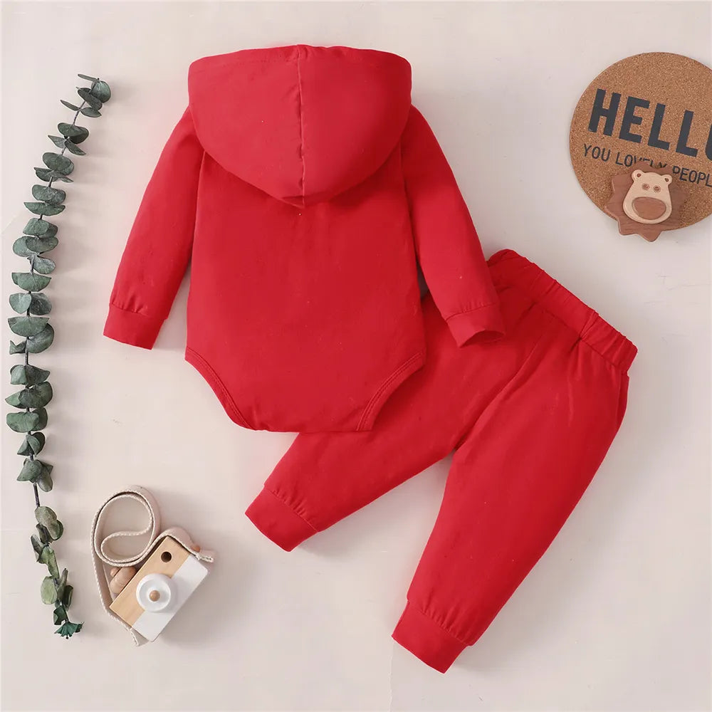 Easy-to-wear baby boy's pullover hoodie jumpsuit and separate pants set, newborn essentials.