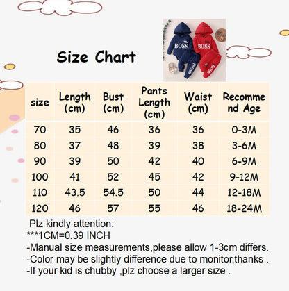 Spring autumn baby boy's outfit: blue hoodie jumpsuit and coordinating pants, modern infant fashion.