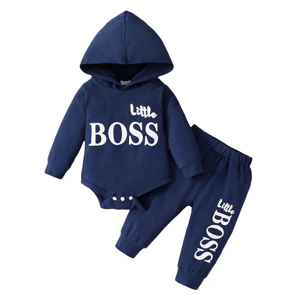 Spring autumn baby boy's set: long-sleeve hoodie jumpsuit and elastic waist pants.